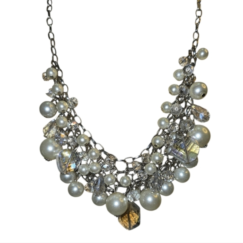 Treska Silver Faux Pearl and Iridescent Crystal Cluster Statement Bib Necklace - Picture 2 of 7